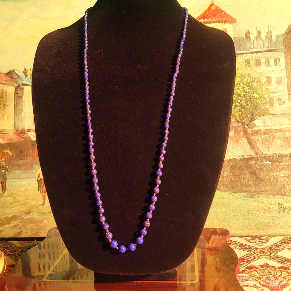 Lapis lazuli long individually beaded like pearls necklace with amethyst pendant